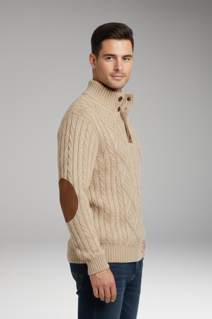 Men's Sweater with Buttoned Collar and Elbow Patches