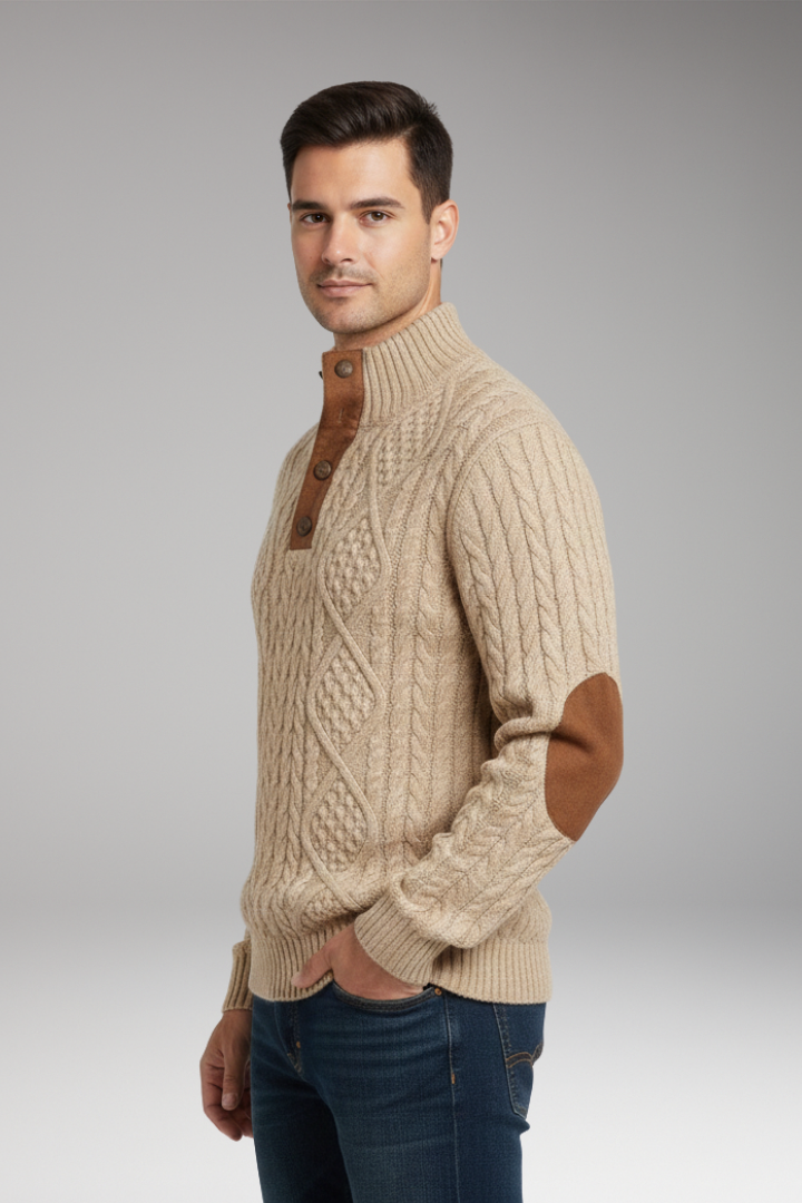 Men's Sweater with Buttoned Collar and Elbow Patches