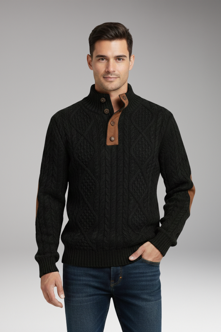 Men's Sweater with Buttoned Collar and Elbow Patches