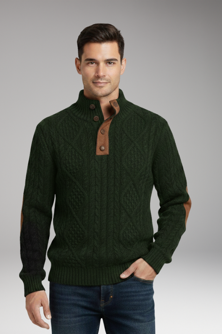 Men's Sweater with Buttoned Collar and Elbow Patches