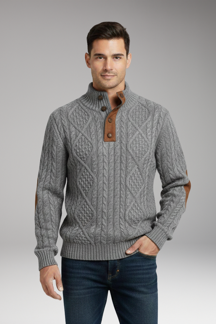 Men's Sweater with Buttoned Collar and Elbow Patches
