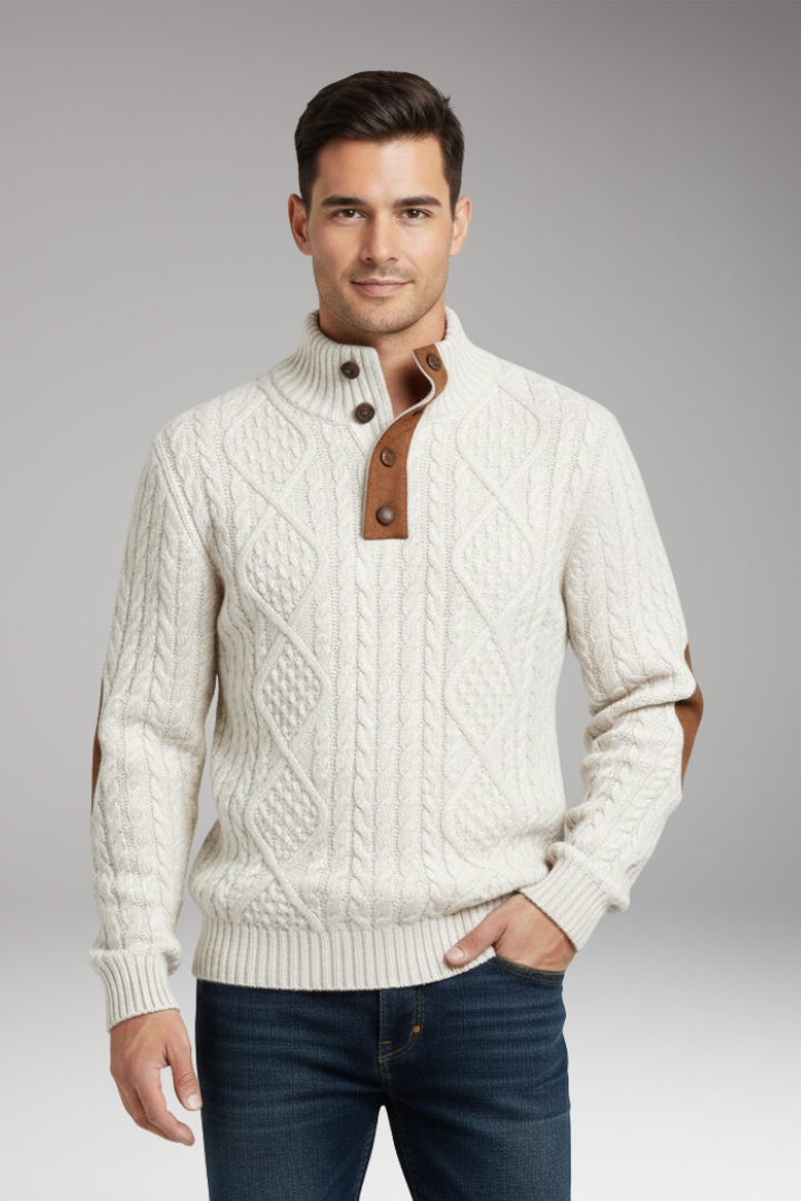 Men's Sweater with Buttoned Collar and Elbow Patches