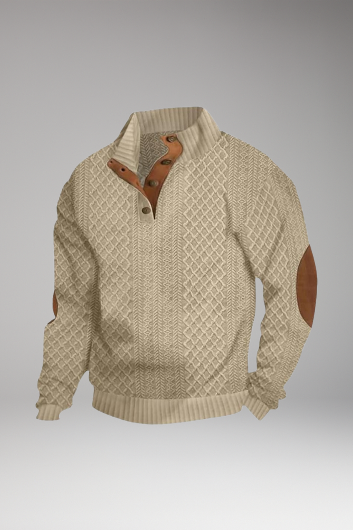 Men's Sweater with Buttoned Collar and Elbow Patches