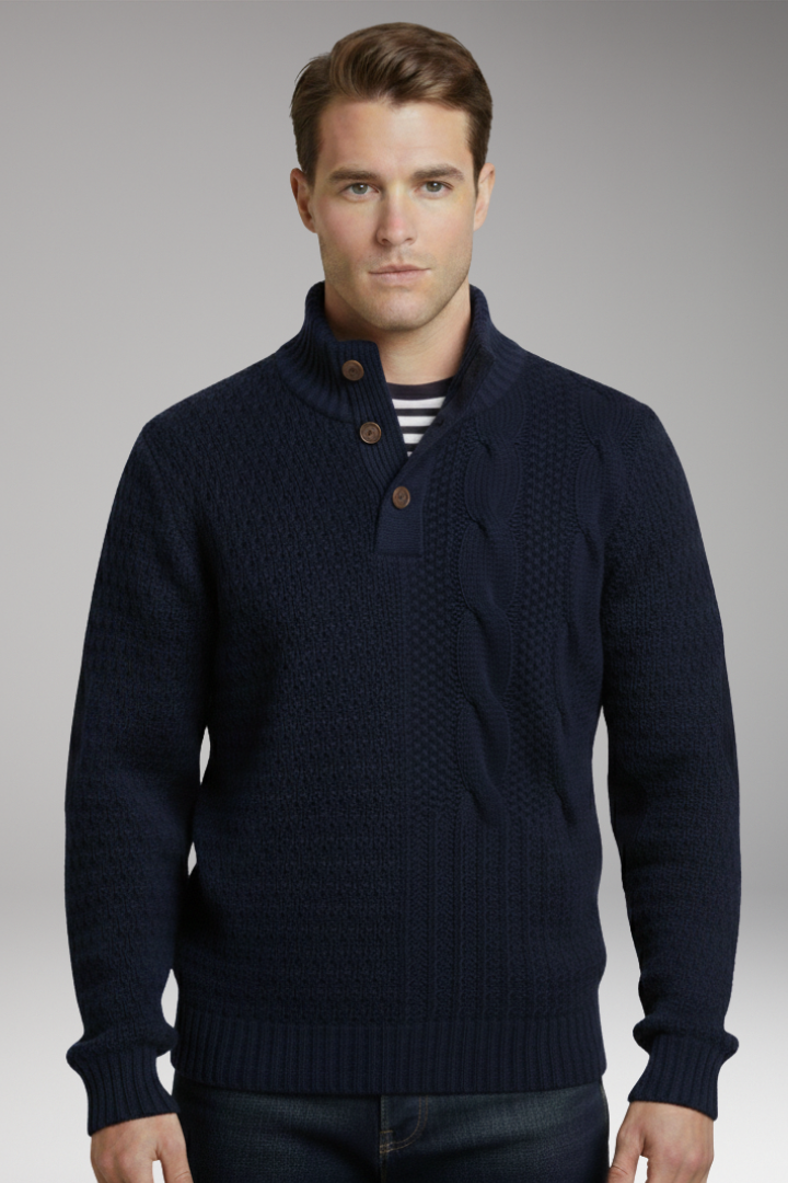 Men's Sweater with Buttoned Neckline and Elbow Patches
