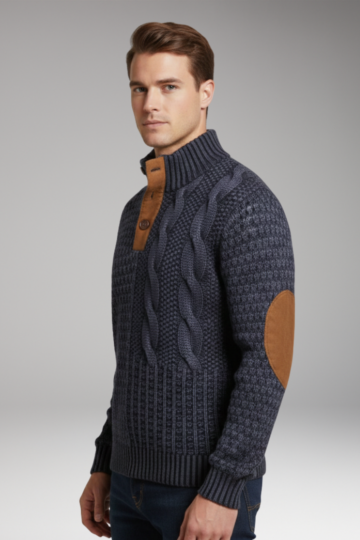 Men's Sweater with Buttoned Neckline and Elbow Patches