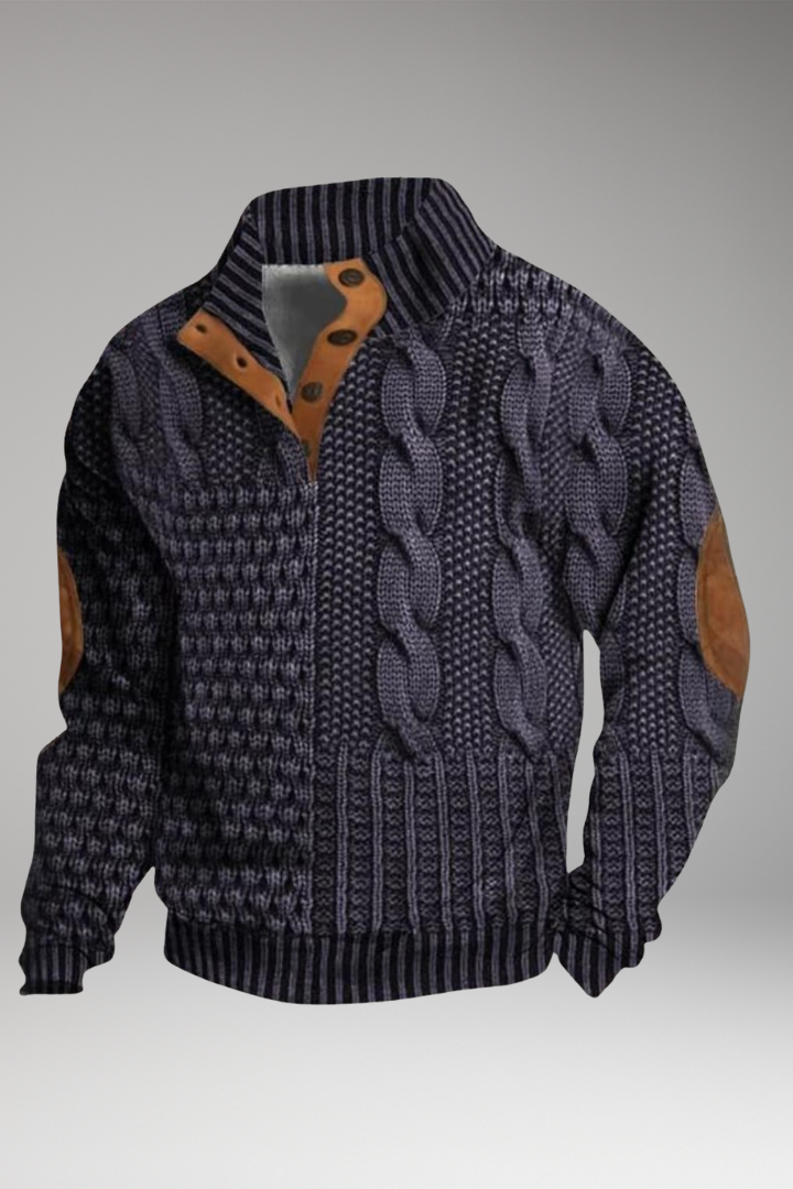 Men's Sweater with Buttoned Neckline and Elbow Patches