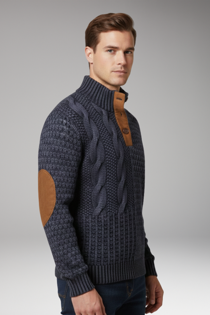 Men's Sweater with Buttoned Neckline and Elbow Patches