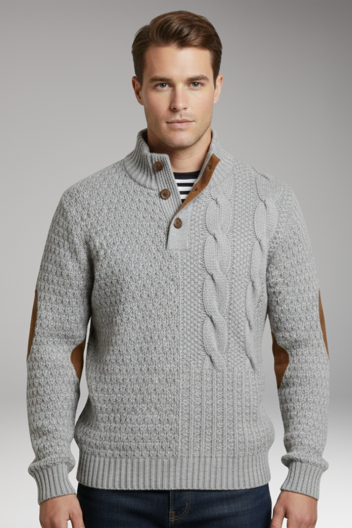 Men's Sweater with Buttoned Neckline and Elbow Patches