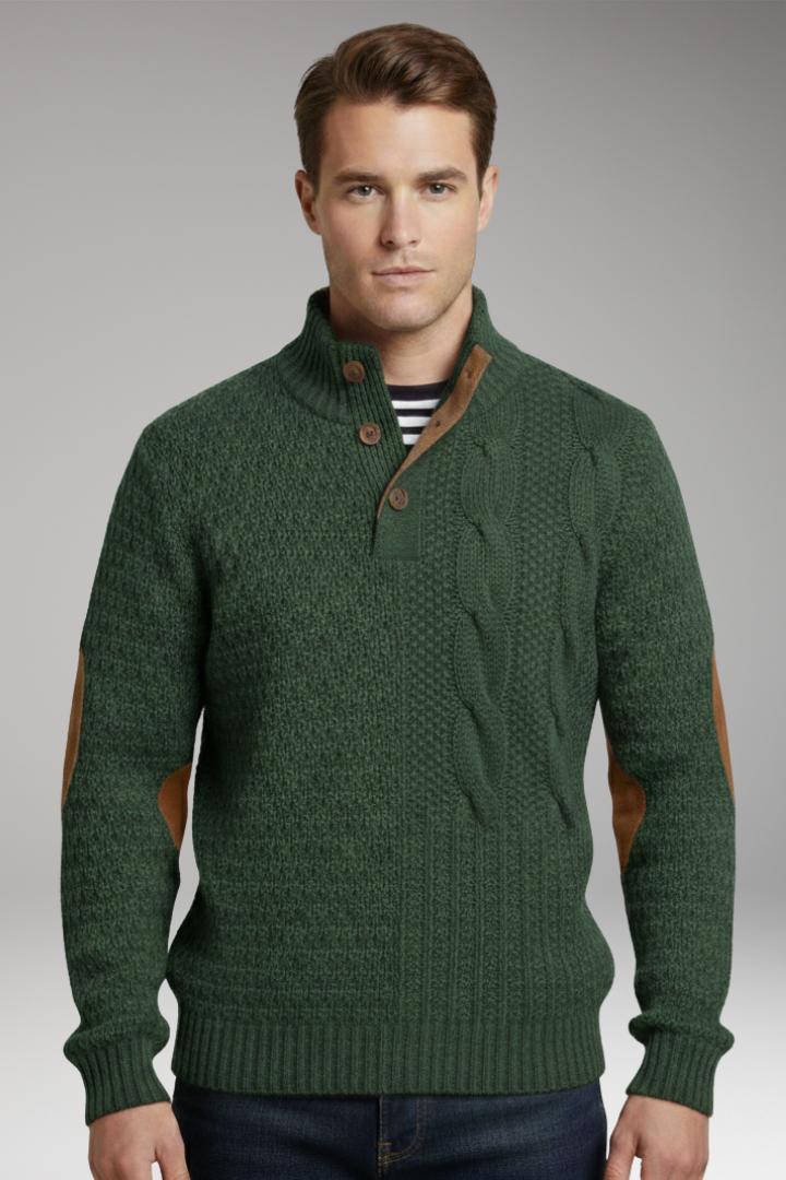Men's Sweater with Buttoned Neckline and Elbow Patches