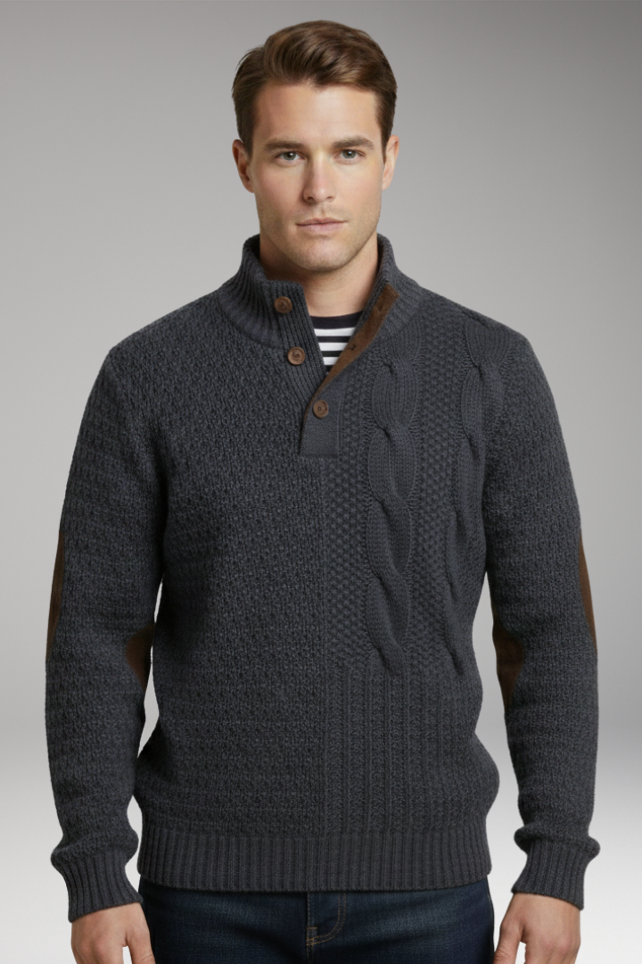 Men's Sweater with Buttoned Neckline and Elbow Patches