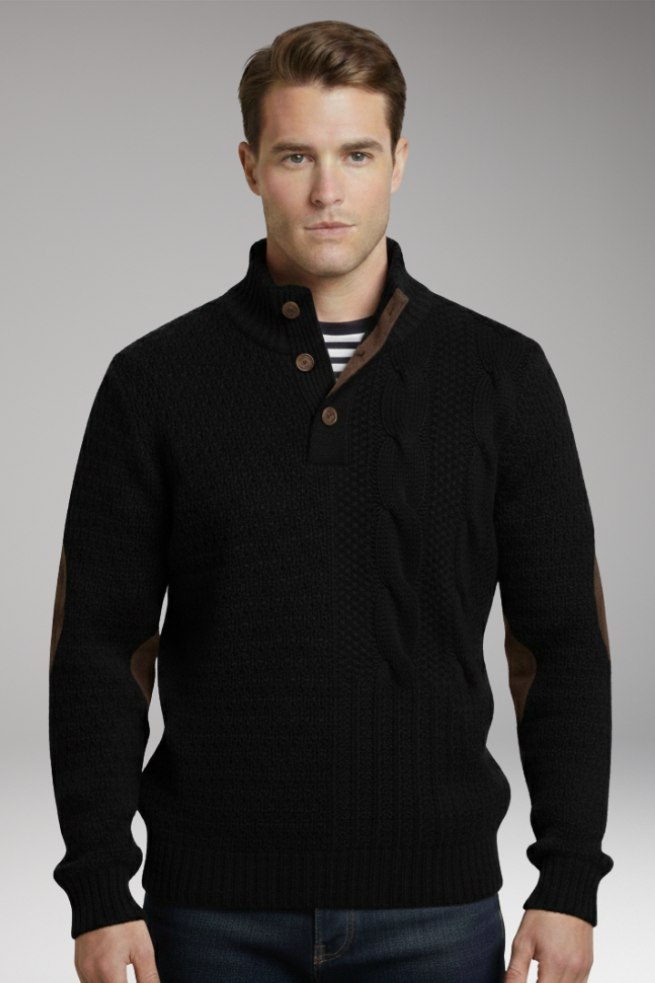 Men's Sweater with Buttoned Neckline and Elbow Patches