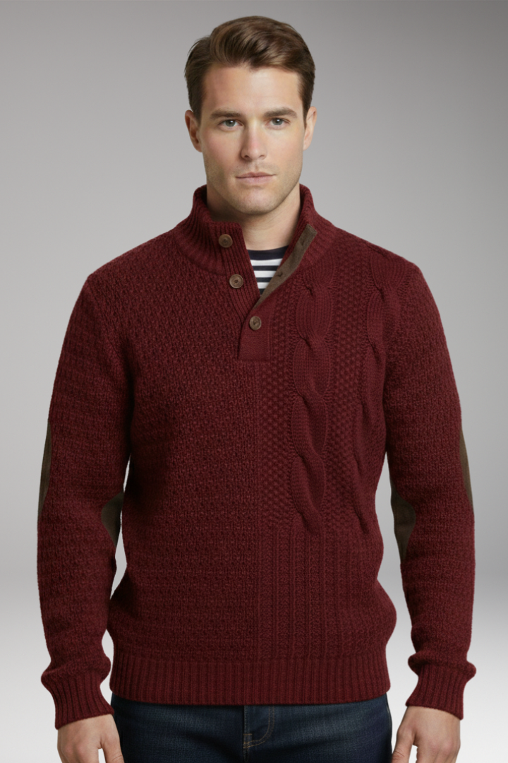 Men's Sweater with Buttoned Neckline and Elbow Patches