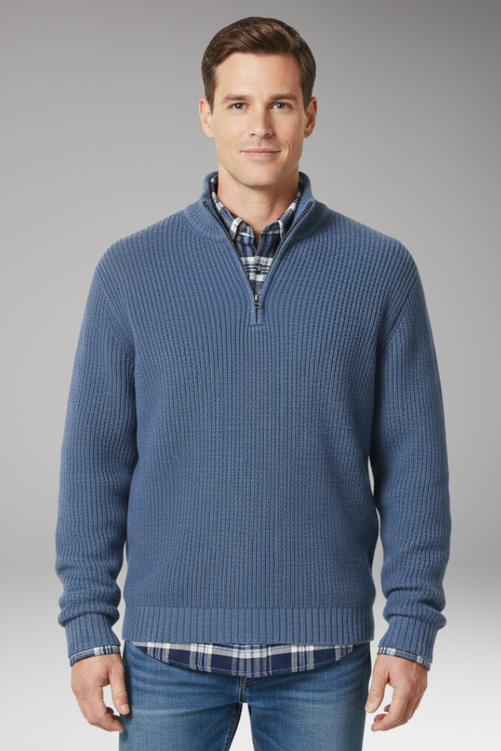 Men's Sweater with Half-Zip Closure and Stand Collar