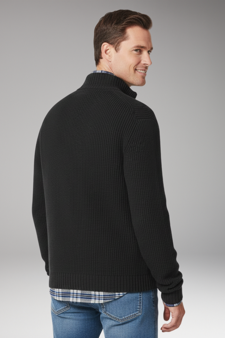 Men's Sweater with Half-Zip Closure and Stand Collar