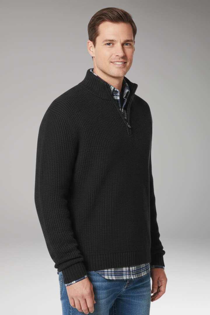 Men's Sweater with Half-Zip Closure and Stand Collar