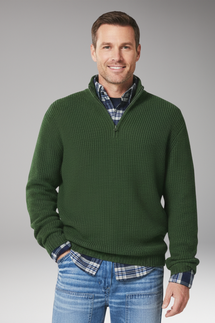 Men's Sweater with Half-Zip Closure and Stand Collar
