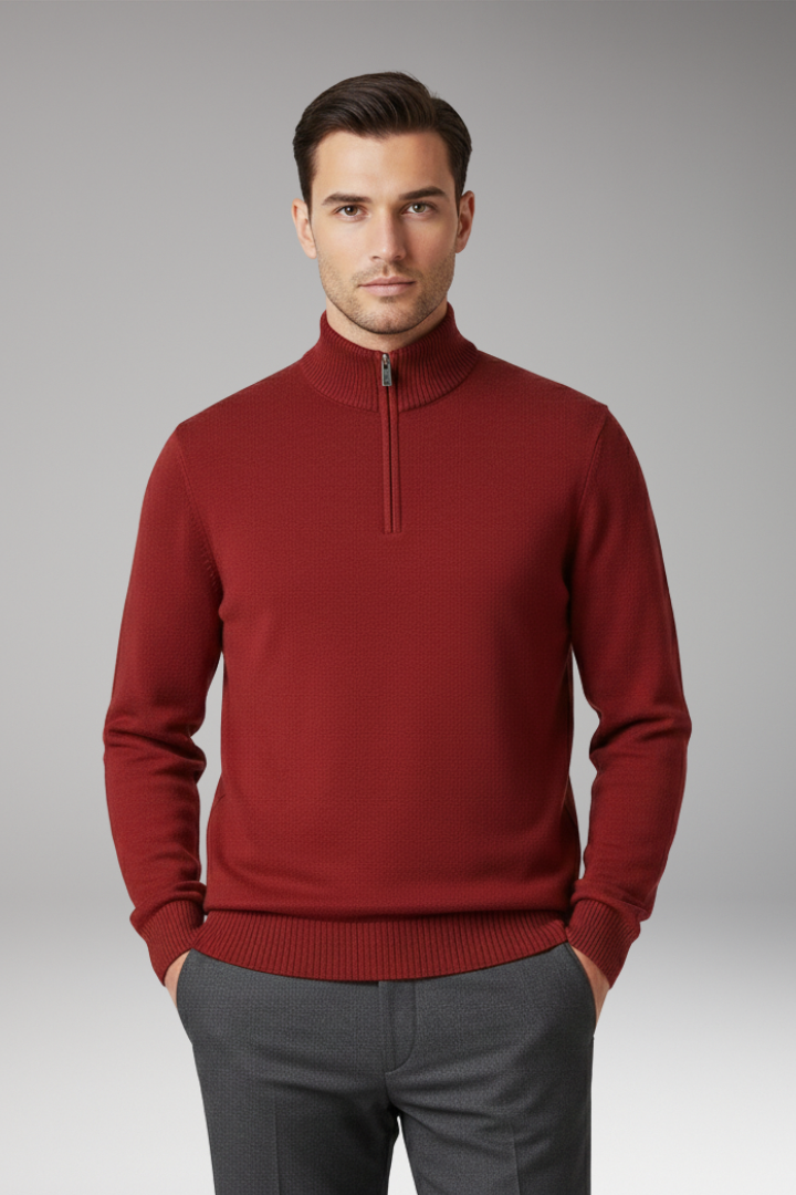 Men's Sweater with Half Zip and Ribbed Hem