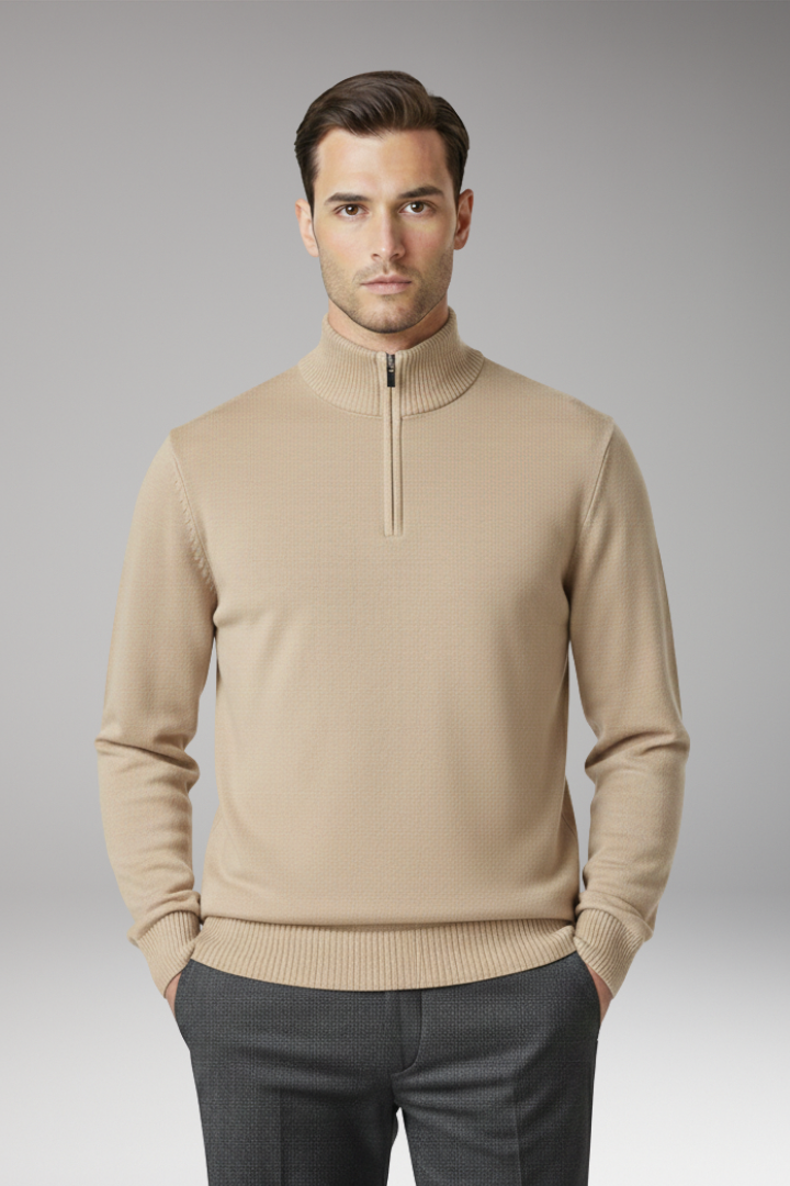 Men's Sweater with Half Zip and Ribbed Hem