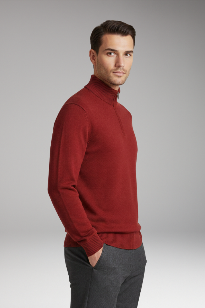 Men's Sweater with Half Zip and Ribbed Hem