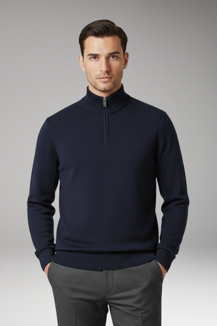 Men's Sweater with Half Zip and Ribbed Hem