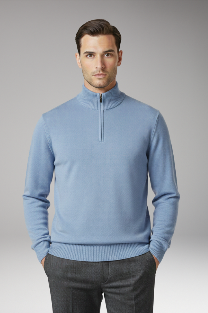 Men's Sweater with Half Zip and Ribbed Hem