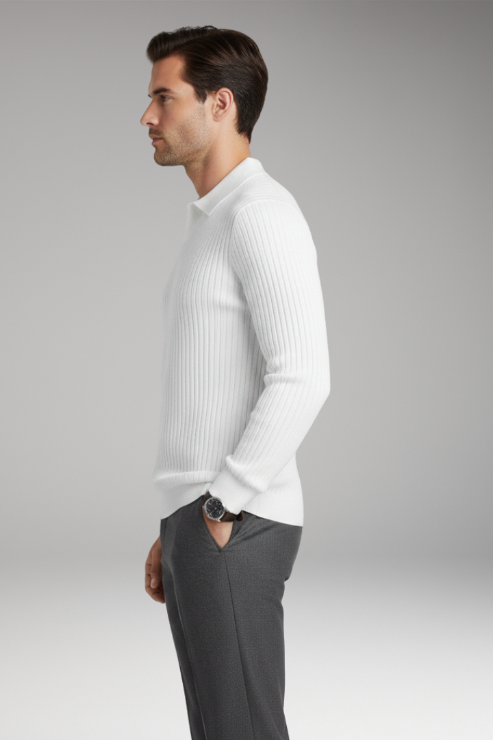 Men's Sweater with Polo Collar and Ribbed Texture