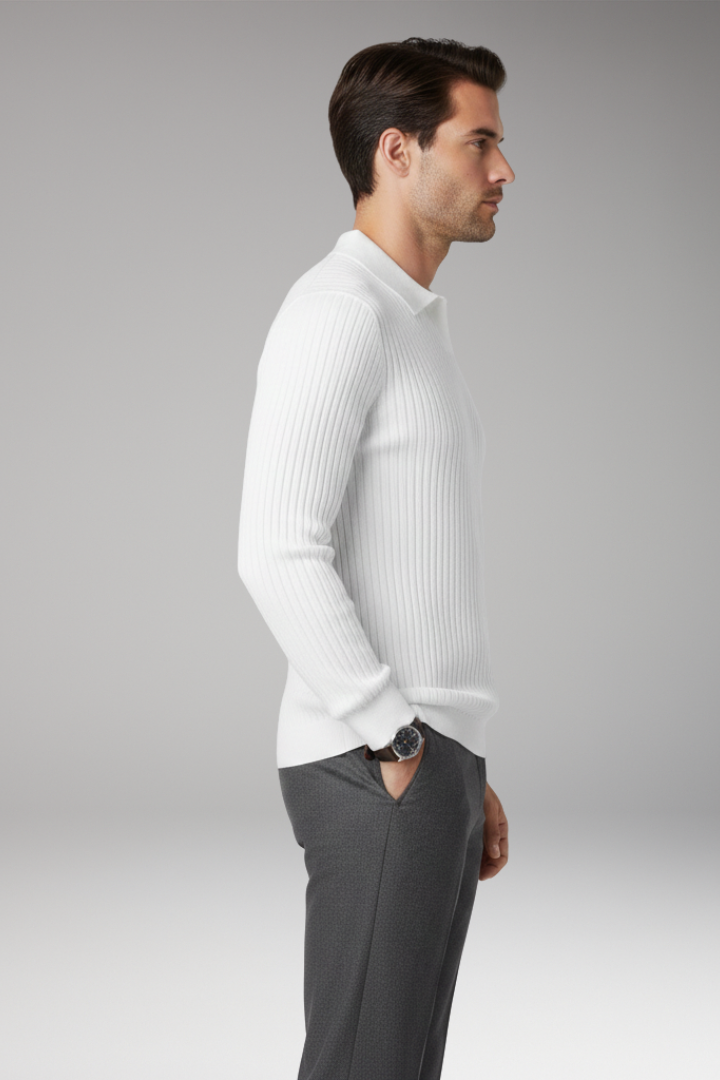 Men's Sweater with Polo Collar and Ribbed Texture