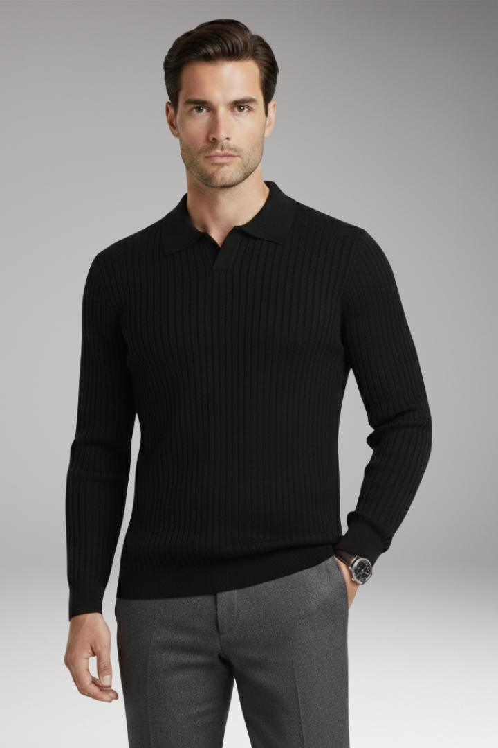 Men's Sweater with Polo Collar and Ribbed Texture