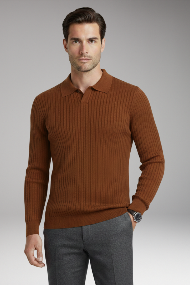 Men's Sweater with Polo Collar and Ribbed Texture