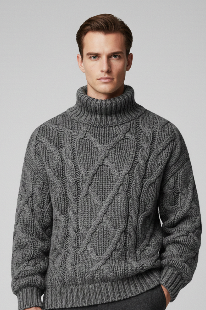 Men's Sweater with Turtleneck and Cable Pattern