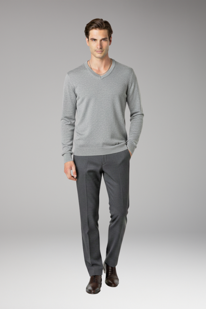 Men's Sweater with V-Neck and Ribbed Trim