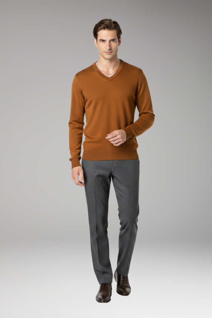 Men's Sweater with V-Neck and Ribbed Trim