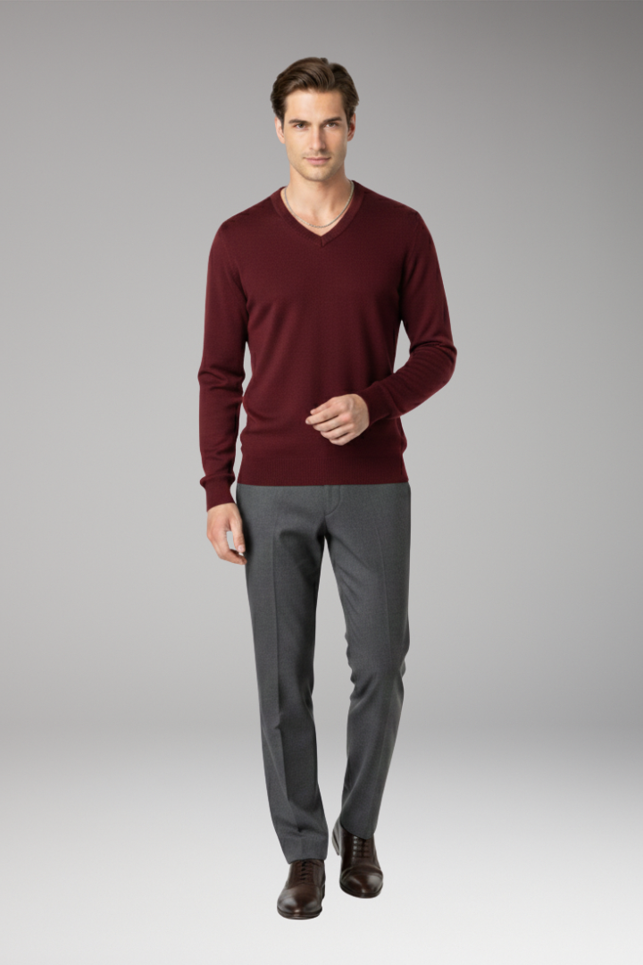 Men's Sweater with V-Neck and Ribbed Trim