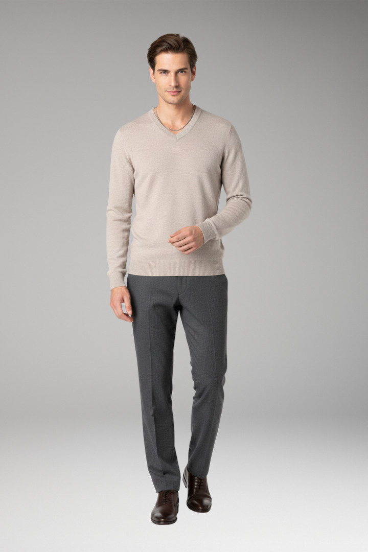 Men's Sweater with V-Neck and Ribbed Trim