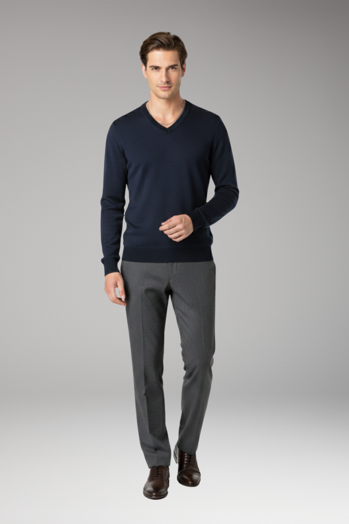 Men's Sweater with V-Neck and Ribbed Trim
