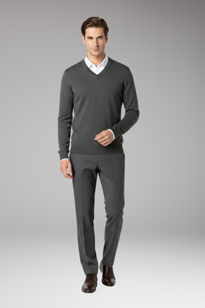 Men's Sweater with V-Neck and Ribbed Trim