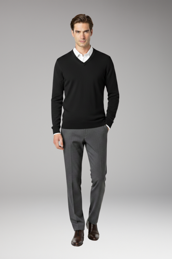Men's Sweater with V-Neck and Ribbed Trim