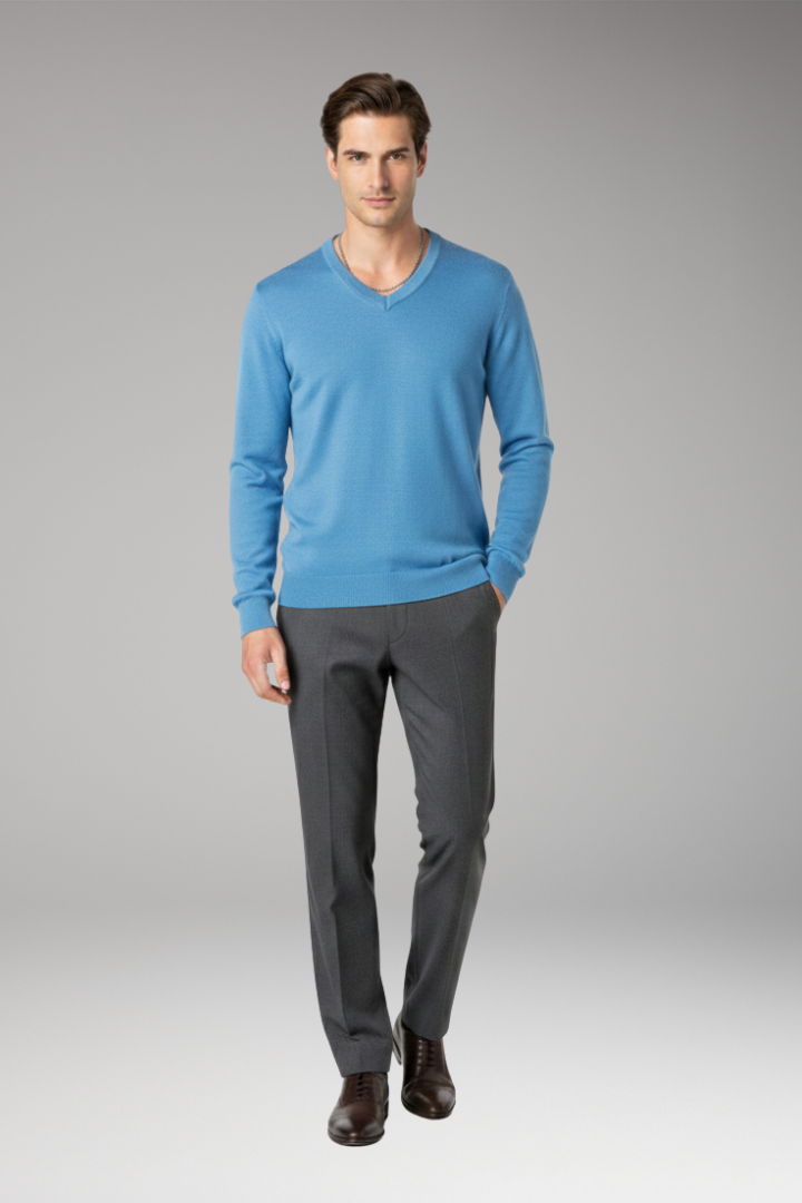 Men's Sweater with V-Neck and Ribbed Trim
