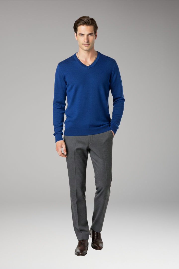 Men's Sweater with V-Neck and Ribbed Trim