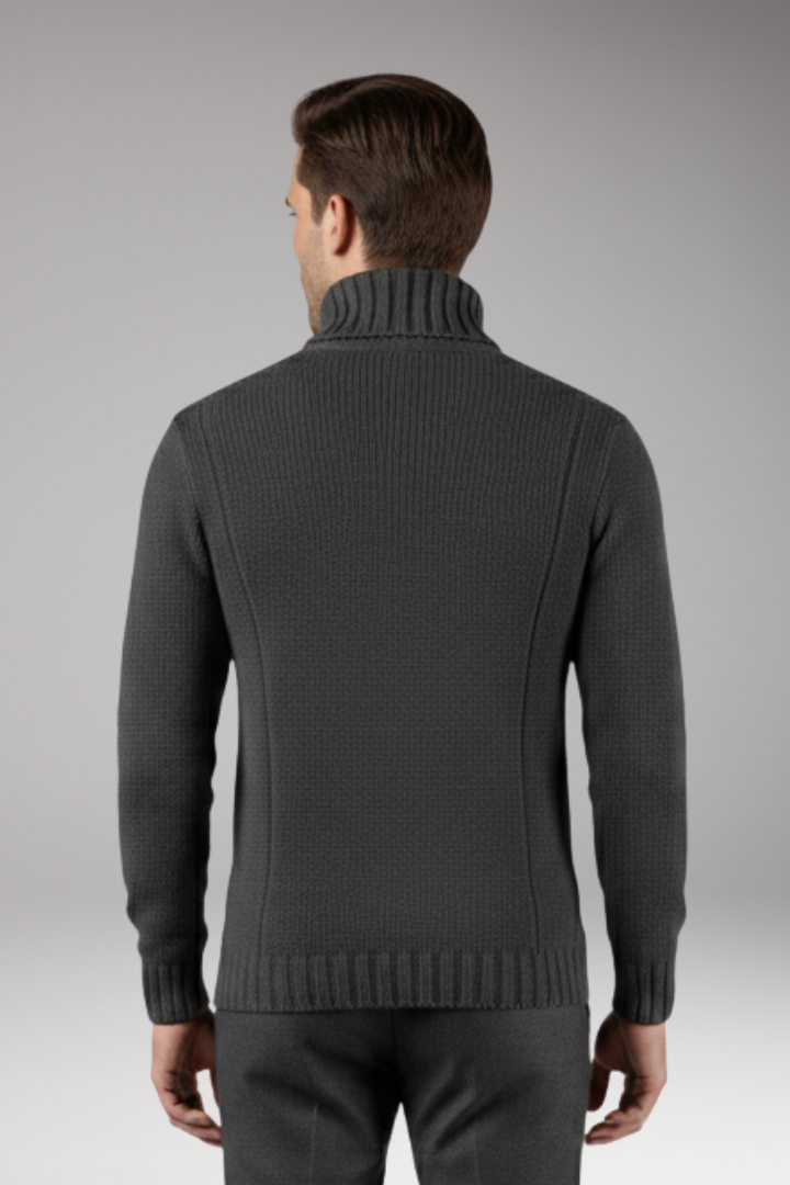 Men's Turtleneck Sweater with Cable Pattern and Ribbed Edges