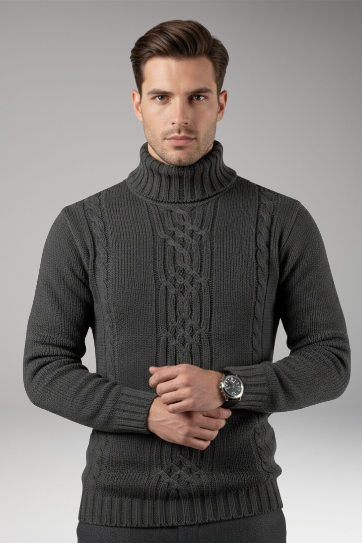 Men's Turtleneck Sweater with Cable Pattern and Ribbed Edges