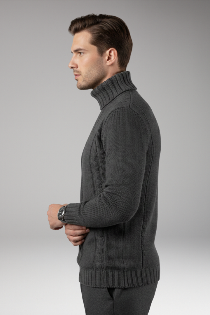 Men's Turtleneck Sweater with Cable Pattern and Ribbed Edges