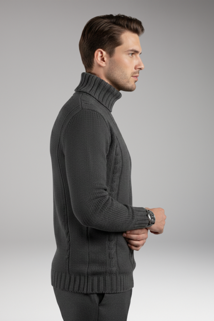 Men's Turtleneck Sweater with Cable Pattern and Ribbed Edges