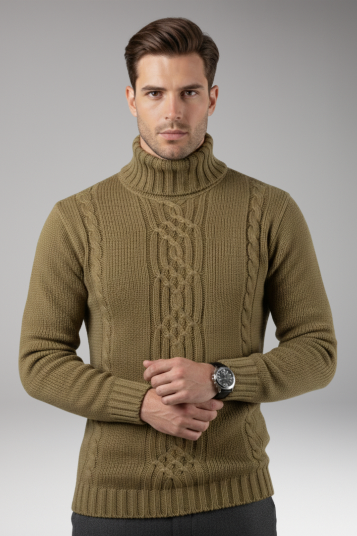 Men's Turtleneck Sweater with Cable Pattern and Ribbed Edges