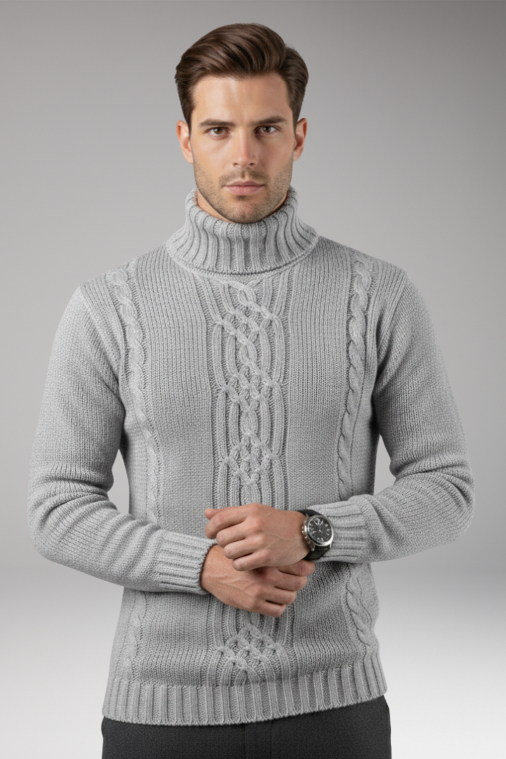 Men's Turtleneck Sweater with Cable Pattern and Ribbed Edges
