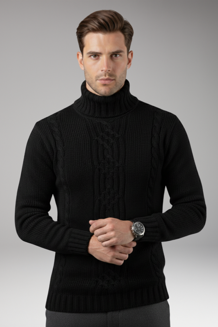 Men's Turtleneck Sweater with Cable Pattern and Ribbed Edges