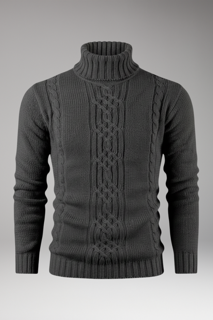 Men's Turtleneck Sweater with Cable Pattern and Ribbed Edges