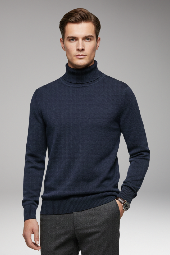 Men's Turtleneck Sweater with Ribbed Cuffs and Ribbed Hem