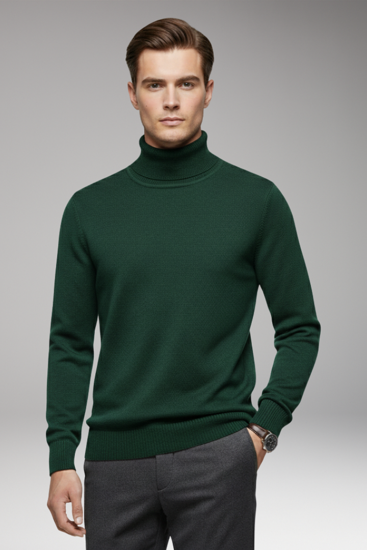 Men's Turtleneck Sweater with Ribbed Cuffs and Ribbed Hem