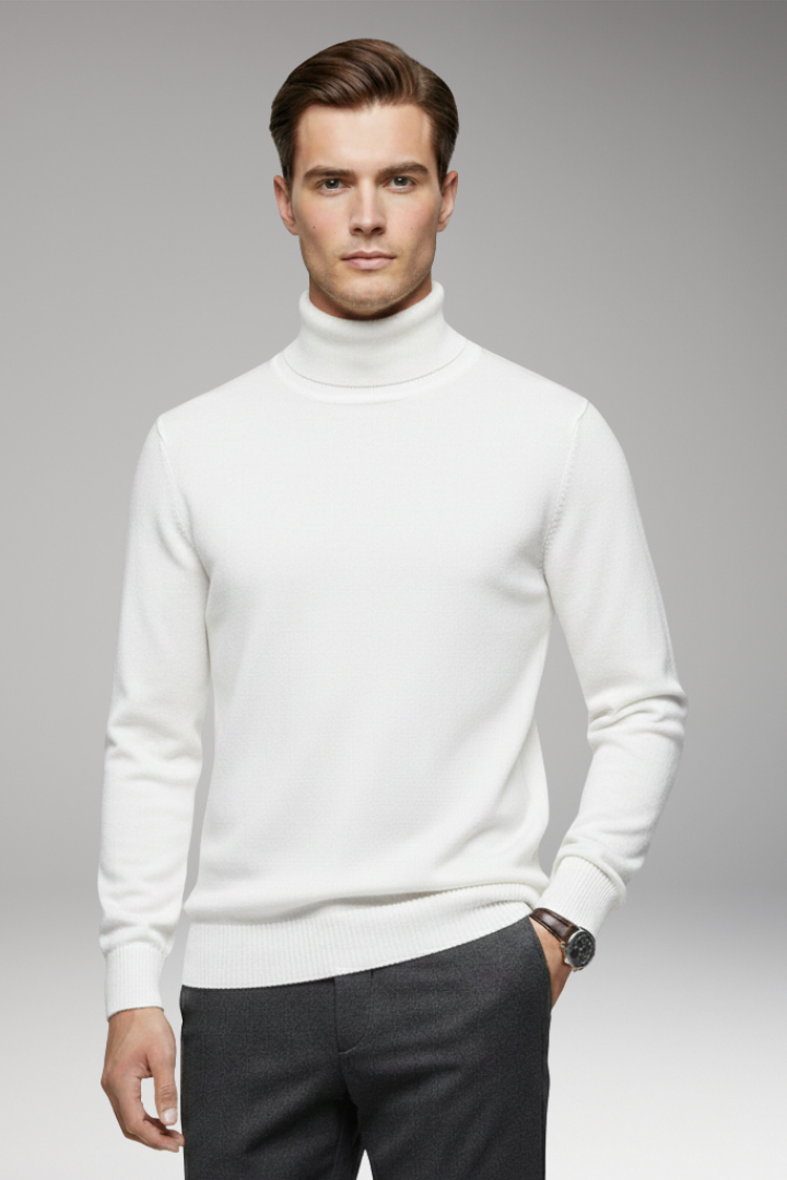 Men's Turtleneck Sweater with Ribbed Cuffs and Ribbed Hem